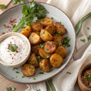 crispy roasted potatoes and sunchokes with yogurt dip