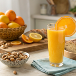Glass of fresh orange juice highlighting its health benefits, flavonoids, and impact on heart and brain health