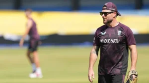 Brendon McCullum talks with Harry Brook during England cricket team practice session