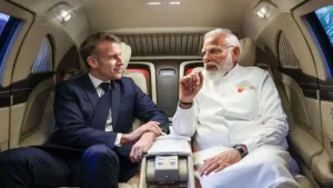 French President Emmanuel Macron and India’s Prime Minister Narendra Modi discuss Rafale fighter jet deal