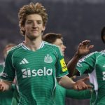 Anthony Gordon celebrates after scoring for Newcastle against Qarabag in Champions League