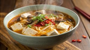 hot and sour soup with dumplings and tofu
