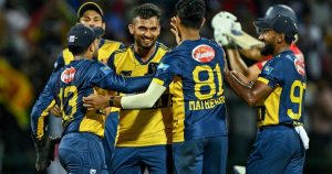 Sri Lanka celebrate victory against Ireland in T20 World Cup match