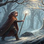 Winter forest survival magic young mage climbing frozen oak tree against gusty wind