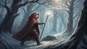 Winter forest survival magic young mage climbing frozen oak tree against gusty wind