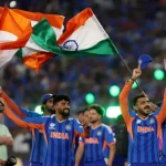 India New Zealand T20 World Cup 2026 victory team celebrating trophy Ahmedabad