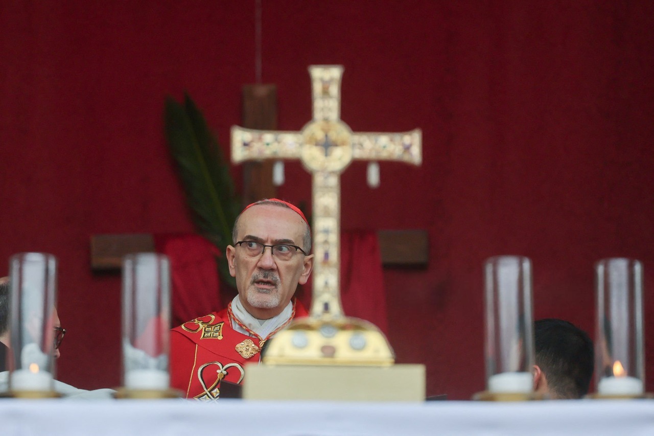 Latin Patriarch Cardinal Pierbattista Pizzaballa leading Palm Sunday prayer in Jerusalem on March 29, 2026, after procession was canceled due to Israel-US war with Iran