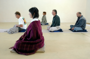 Meditators at a Vipassana meditation retreat focusing on mindfulness
