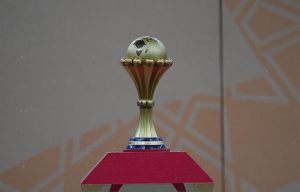 AFCON 2026 trophy on display during Morocco vs Senegal final at Complexe Sportif Prince Moulay Abdellah, Rabat