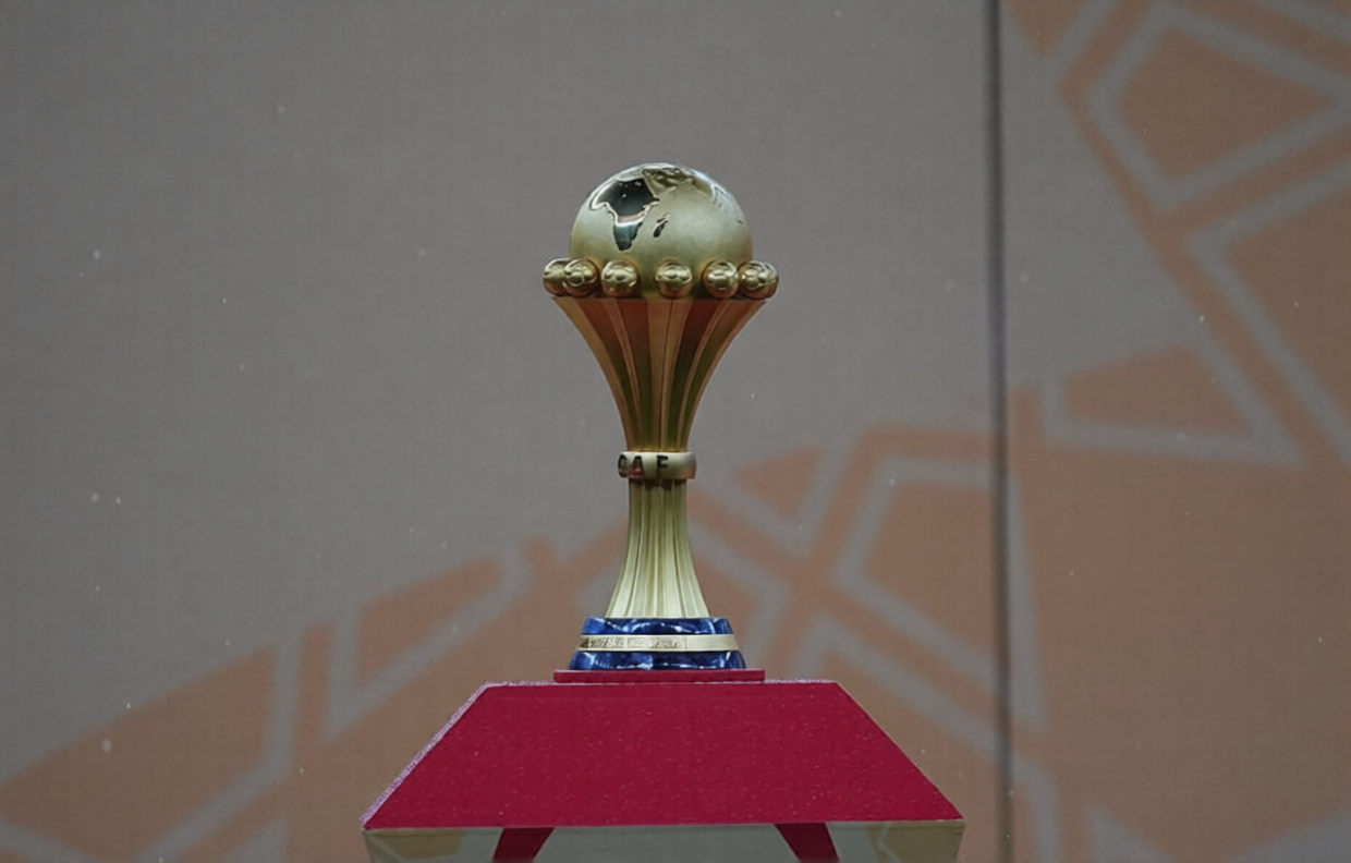 AFCON 2026 trophy on display during Morocco vs Senegal final at Complexe Sportif Prince Moulay Abdellah, Rabat