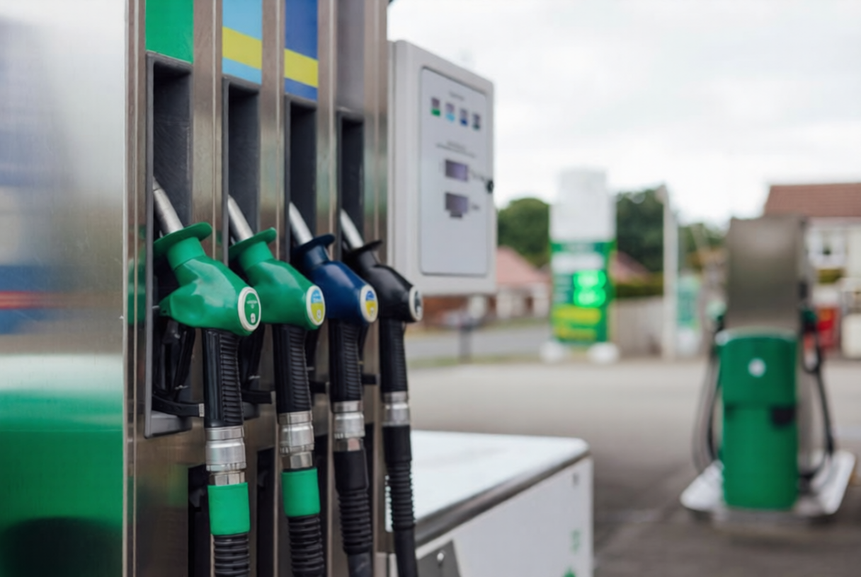 Petrol pumps at a North East England petrol station with cars refueling.