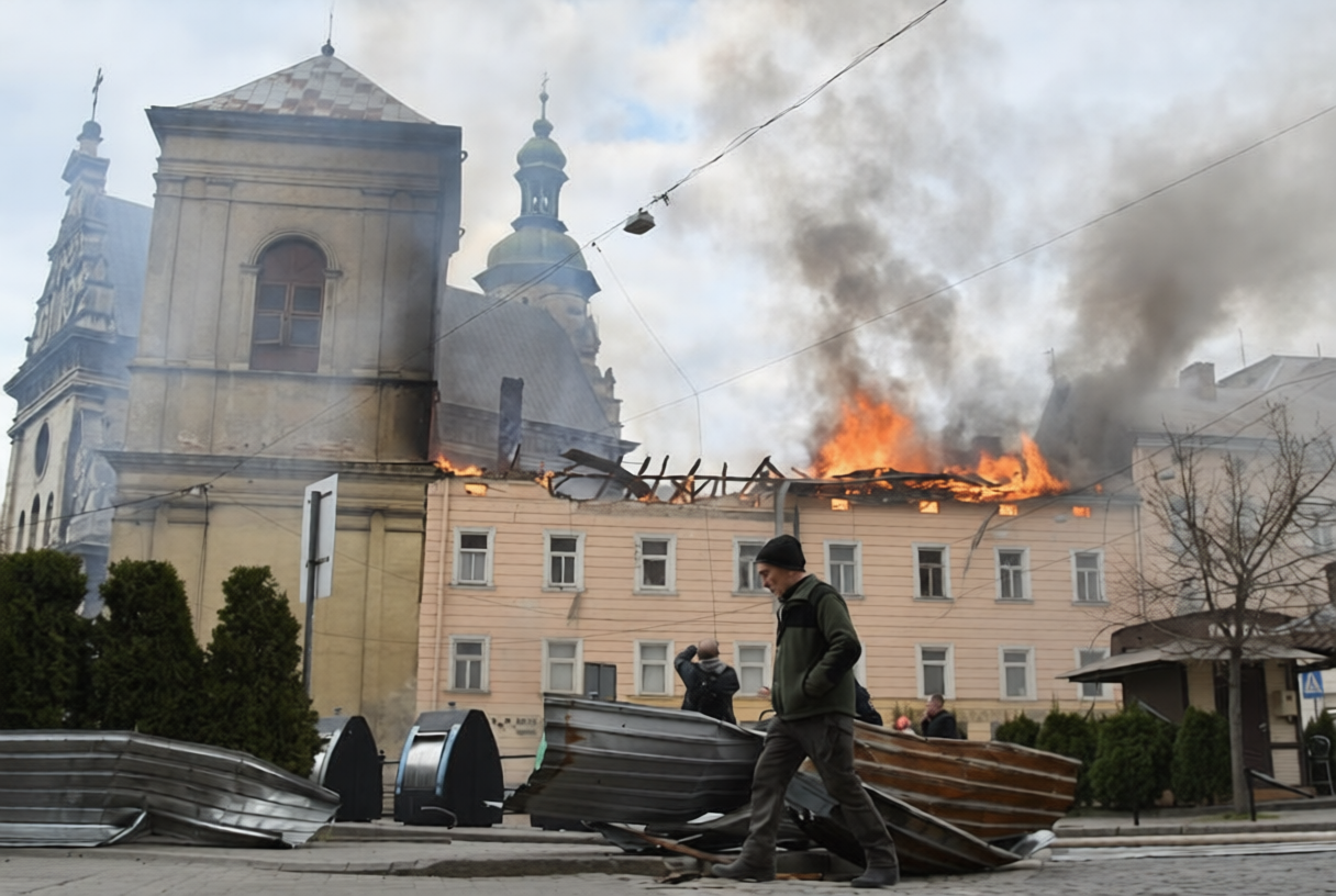 Man walks past burning building after Russian drone attack in Lviv Ukraine