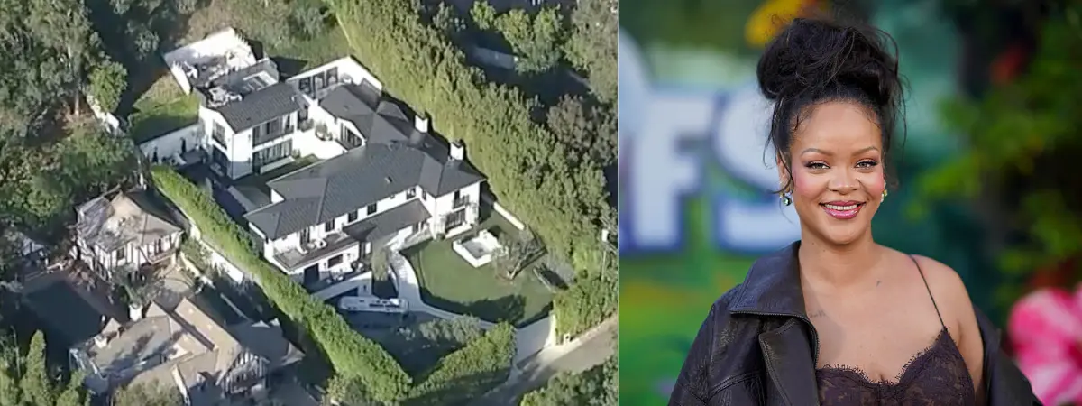 Exterior of Rihanna’s Beverly Hills home with a gated entrance.