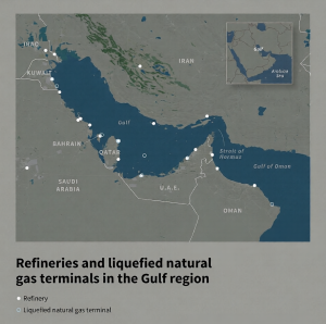 Iran Gulf retaliation threat map showing LNG terminals and oil refineries