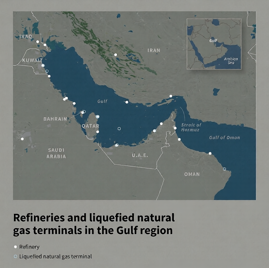 Iran Gulf retaliation threat map showing LNG terminals and oil refineries