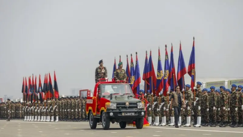 Independence Day parade at National Parade Square with military march and national flags