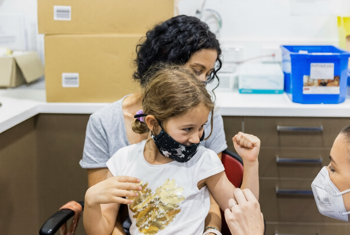 Child receiving nasal spray flu vaccine Australia clinic
