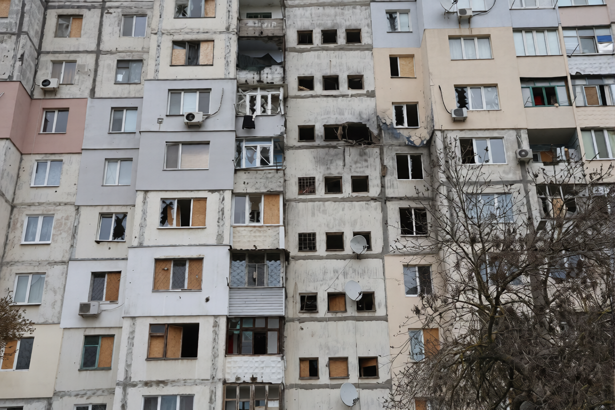 Damaged residential buildings in Ukraine after Russian drone and missile attacks