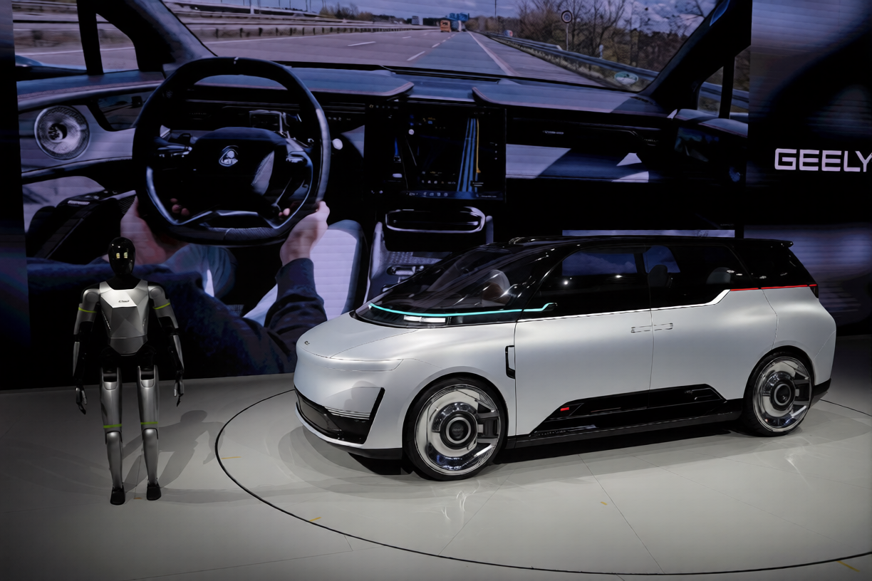 Geely robotaxi displayed with humanoid robot at Auto China 2026 in Beijing China showcasing future autonomous mobility technology