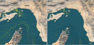 Strait of Hormuz blockade map showing vessel movement before and after Iranian action