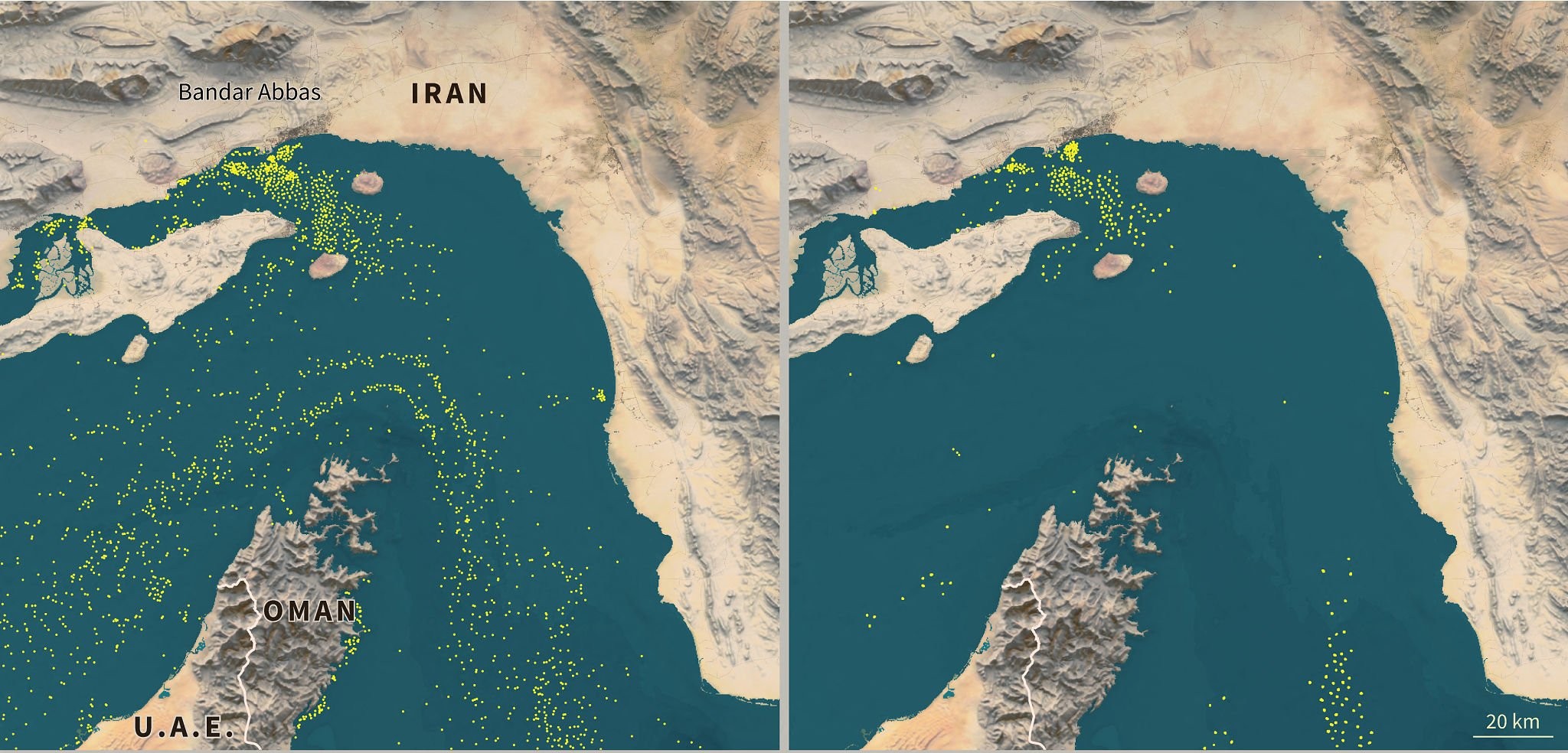 Strait of Hormuz blockade map showing vessel movement before and after Iranian action