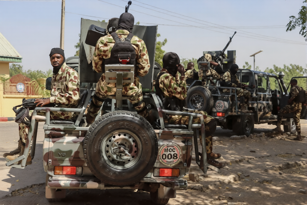 Nigerian soldiers patrol in Maiduguri after March 2026 triple suicide bombing in Borno state.