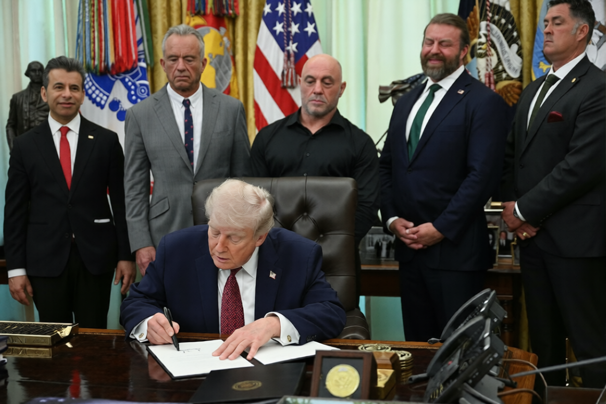 Donald Trump signs executive order on psychedelic drug research in Oval Office with officials and guests watching