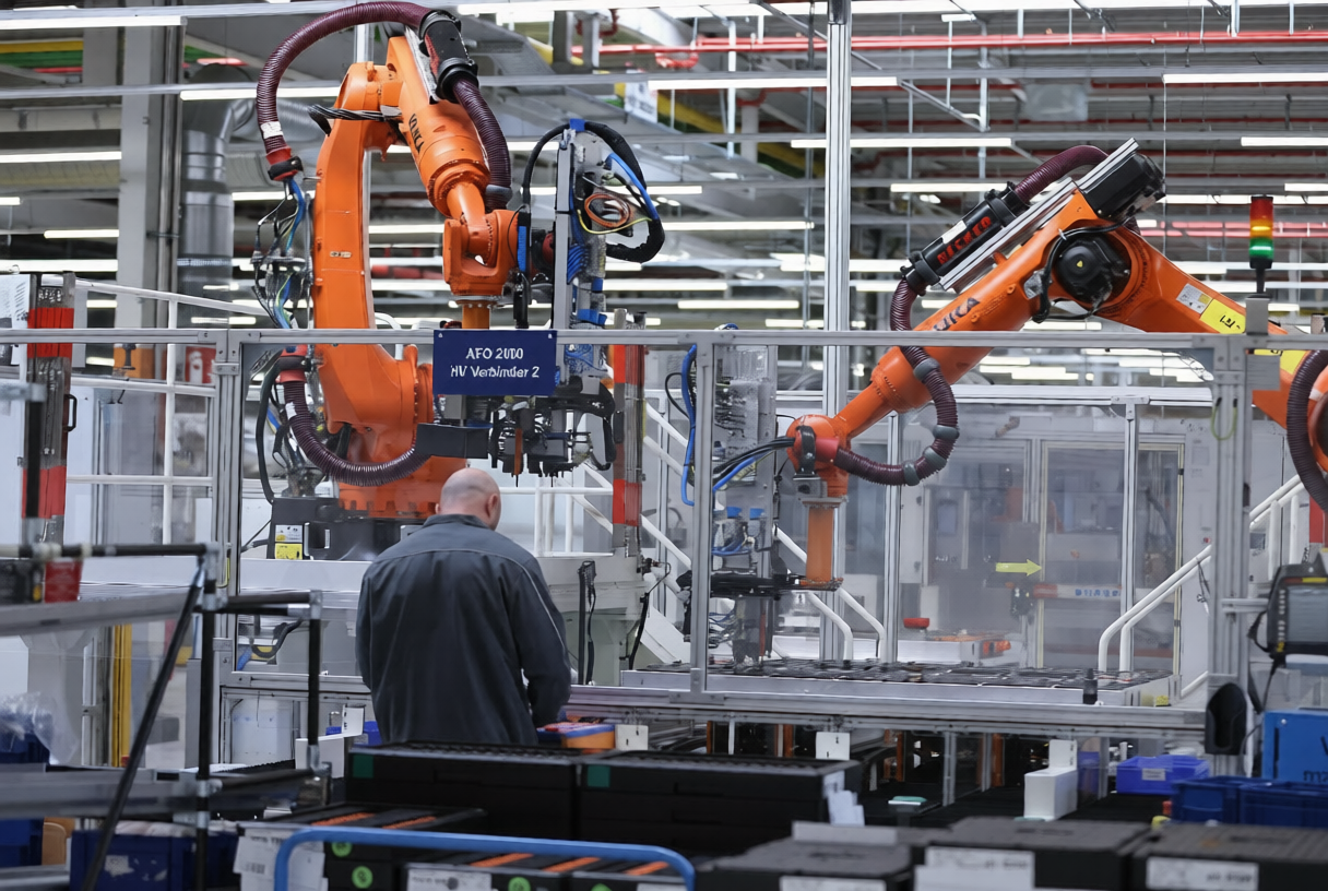 Volkswagen factory battery assembly line showing manufacturing activity slowdown