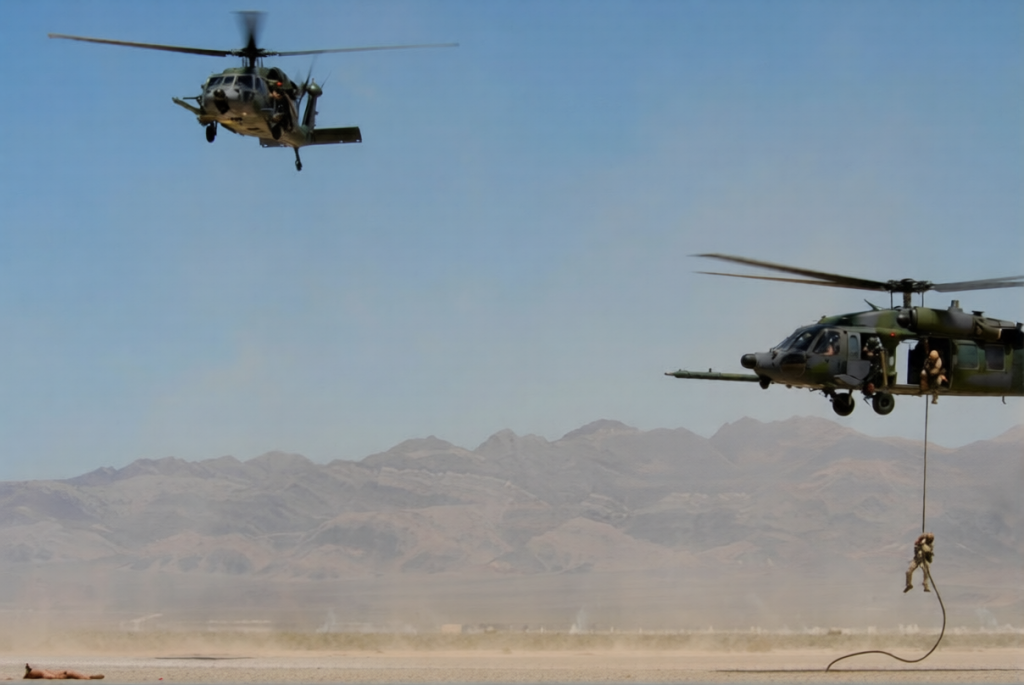US rescue helicopters flying over rugged mountains in Iran during search for missing crew member